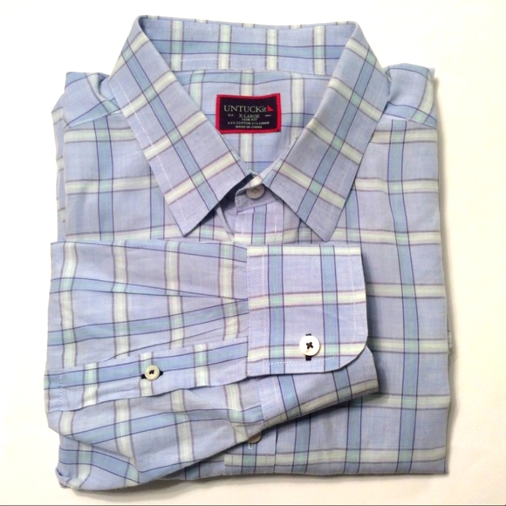 Untuckit Blue Check Men's Casual Long Sleeve Shirt XL Slim Fit